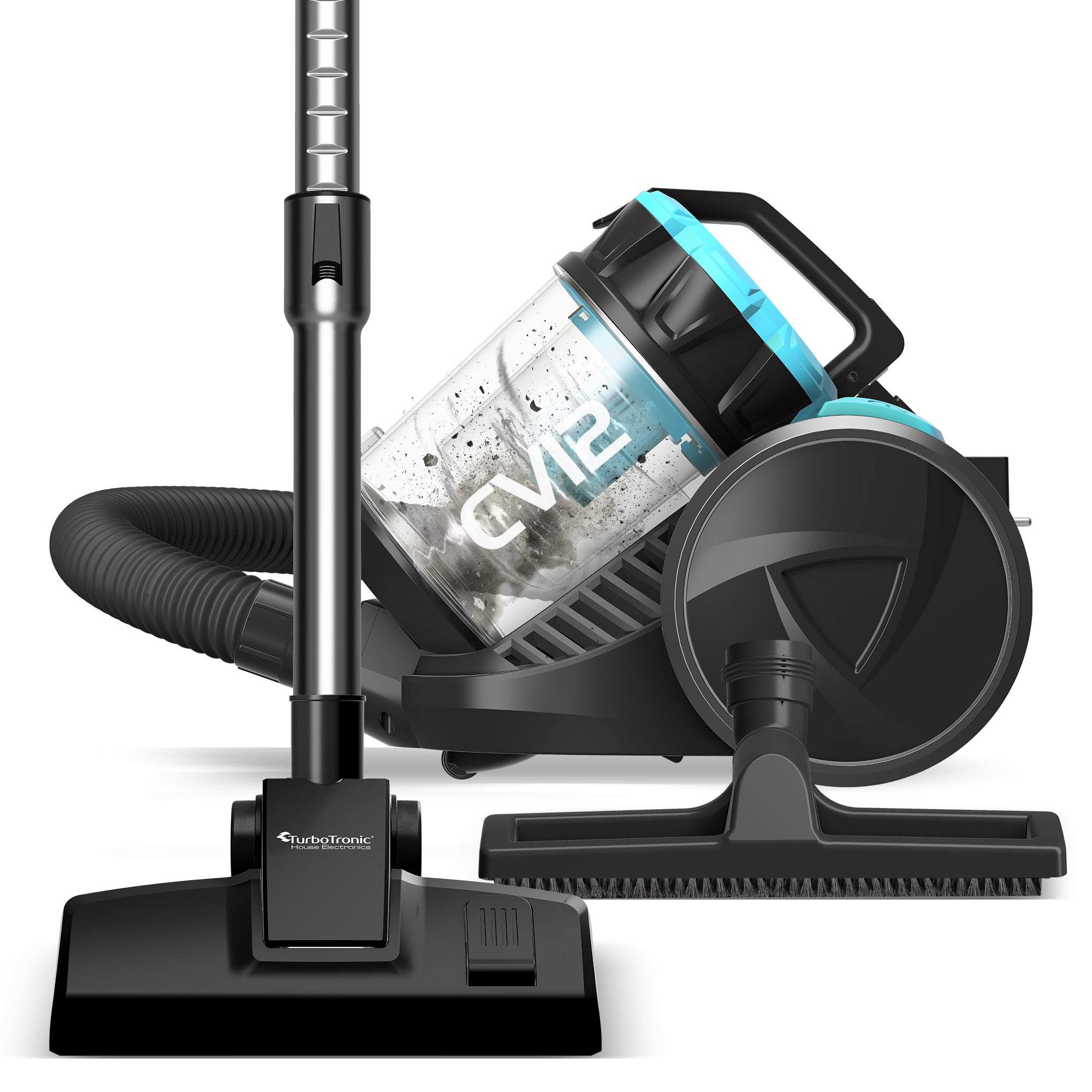 Aspirator fara sac TurboTronic TT-CV12, 800 W, recipient praf 2.5l, filtru de inalta eficienta, raza de operare 8m, negru/albastru
