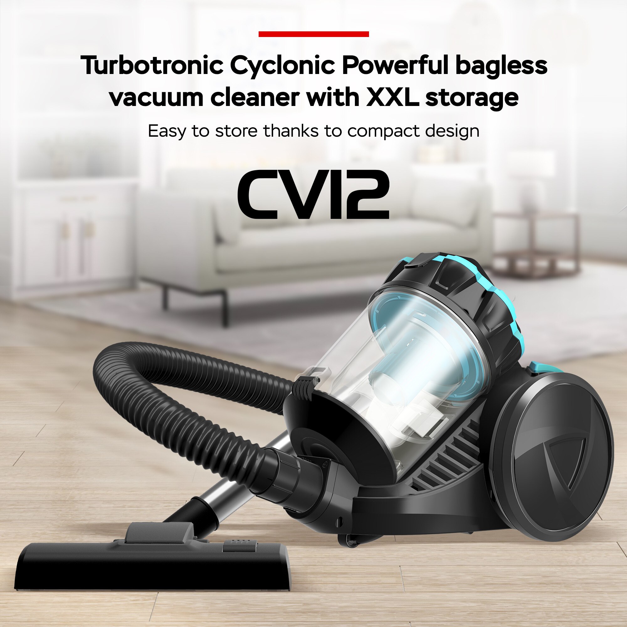 Aspirator fara sac TurboTronic TT-CV12, 800 W, recipient praf 2.5l, filtru de inalta eficienta, raza de operare 8m, negru/albastru