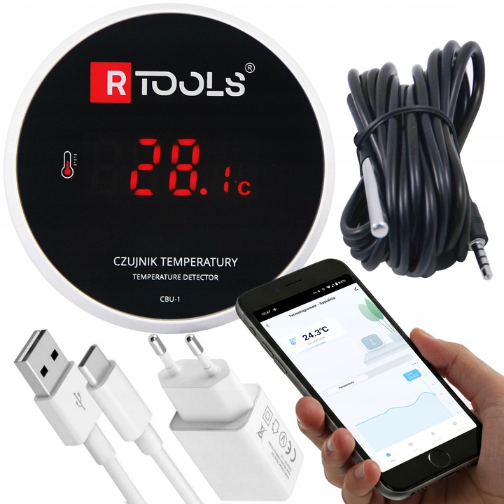 Termometru inteligent WiFi RTOOLS cu sondă de 3m, interval de temperatură -40+120C, alimentare duală, 78, 4x20, 8mm
