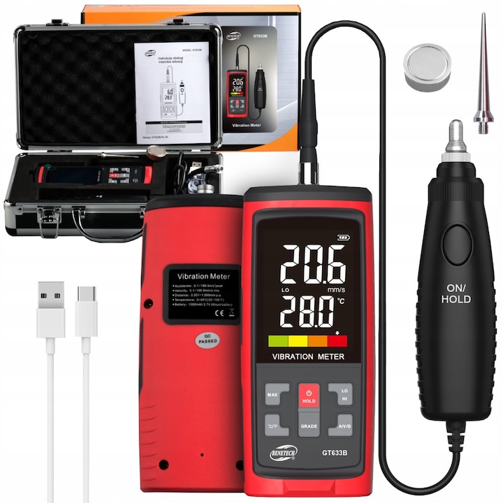 Vibrometru digital Benetech GT633B, măsurare viteză și accelerație, LCD, cablu, set complet