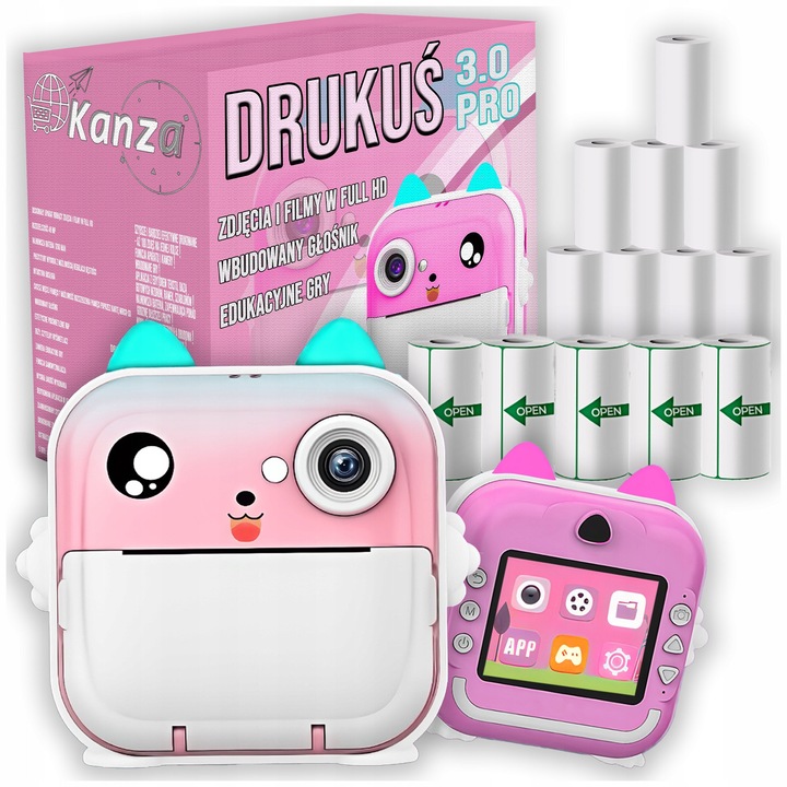 Set Mini Imprimanta Cu Camera Foto Si 13 Role De Hartie, Drukus 2.0, Rezolutie Foto: 1080P/720P - La Alegere, Cap De Imprimare De Inalta Rezolutie: 200 Dpi, Tehnologie De Imprimare Termica, Bluetooth, 11 Cm X 11 Cm X 4,5 Cm, Multicolor, 13 Role