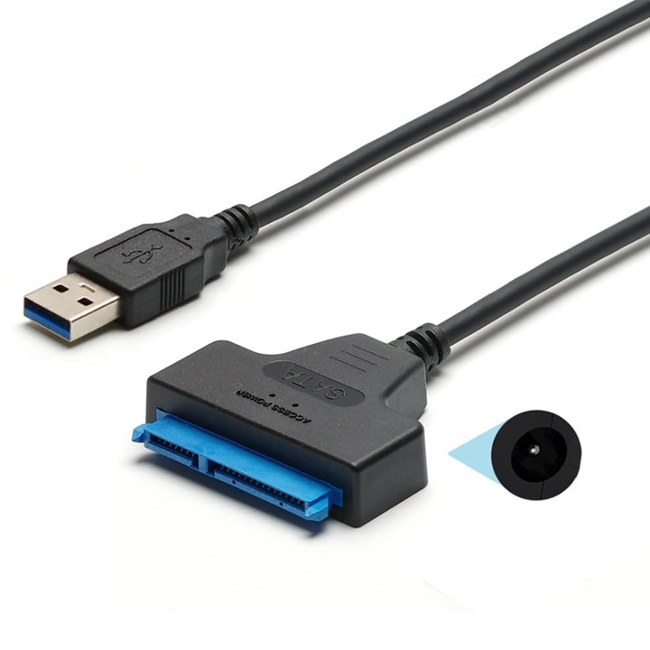 TREXORA USB - SATA adapter, 2,5"/3,5" SSD/HDD támogatással, független tápegységgel, gyors 5 Gbps adatátvitellel, 20 cm, fekete