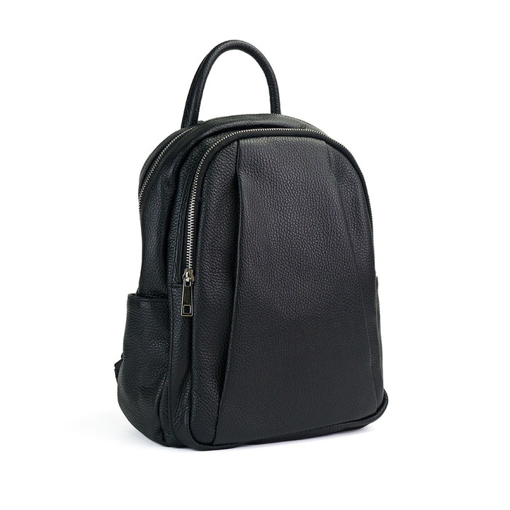 Rucsac Piele Timeea - Negru, 2 Compartimente, 6 Buzunare, Rucsac Piele Naturala, Rucsac, Rucsac De Vara, Piele Naturala, Rucsac Piele