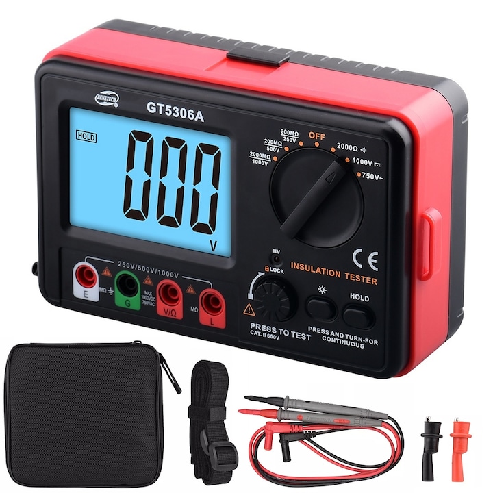 Tester Rezistenta Izolatie Benetech, AC/DC, Ecran LCD, Negru/Rosu, 176x110x77mm