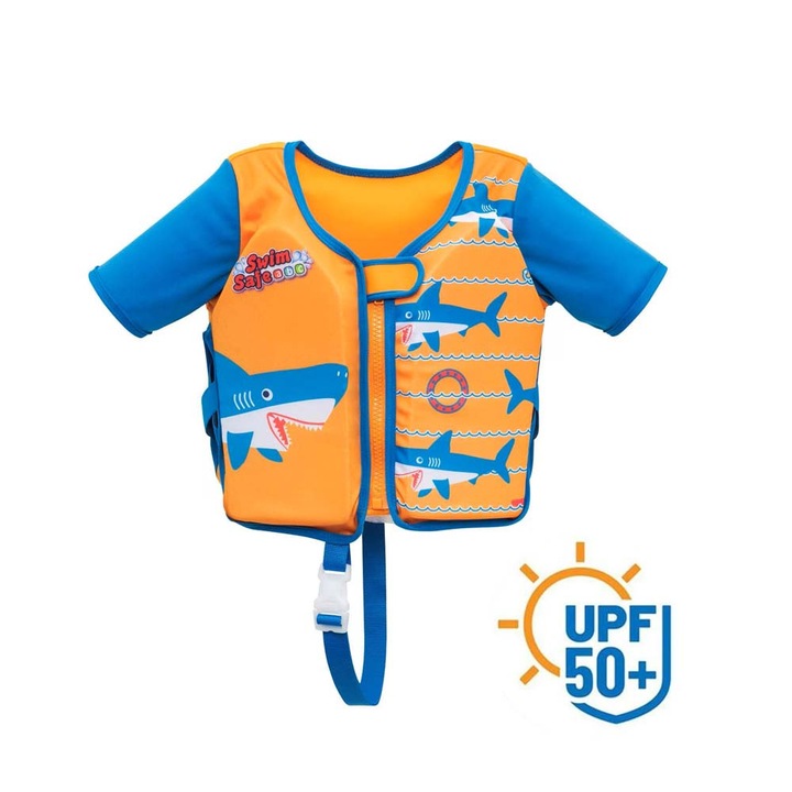 Úszómellény gyerekeknek és babáknak, Comando Home, ujjakkal és UV UPF50+ napvédelemmel, habszivacsból készült, cipzáras és tépőzáras rögzítéssel, 1-3 éves korig, teherbírás 19 KG, cápaminta, kék többszínű