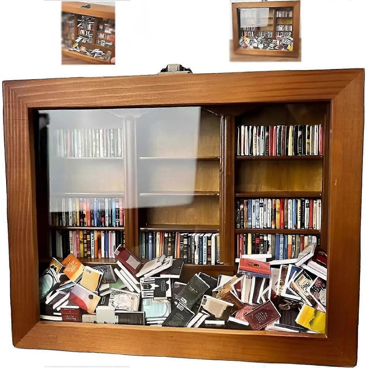 Raft decorativ de carti pentru anxietate, 25x20x8cm, lemn vechi, set cu 200 de carti miniaturale