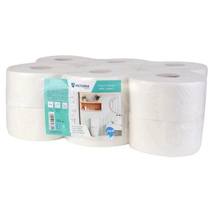 Hartie igienica Victoria Hygiene Fine Mini Jumbo, 2 straturi, diametru 19 cm, 12 role, alba