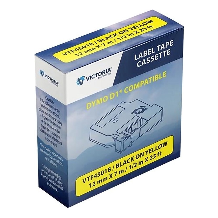 Лента за етикети Victoria Technology, съвместима с Dymo D1, 12 мм x 7 м, жълто-черна