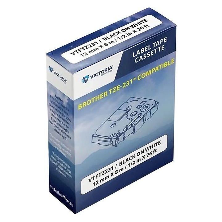 Banda de etichetare Victoria Technology, compatibila cu Brother TZe-231, 12 mm x 8 m, alb-negru