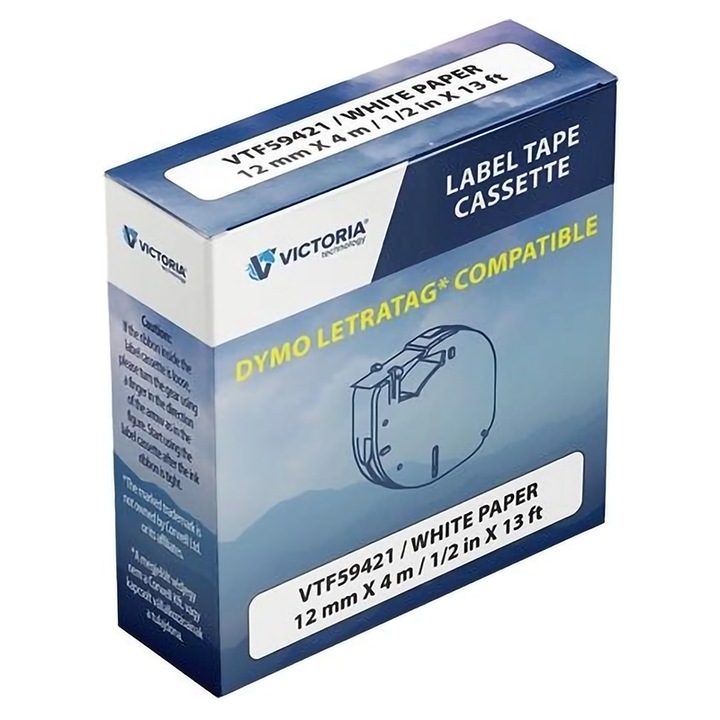 Banda adeziva pentru masini de etichetat Victoria Technology, hartie, compatibila cu Brother Letratag, 12 mm x 4 m, alba