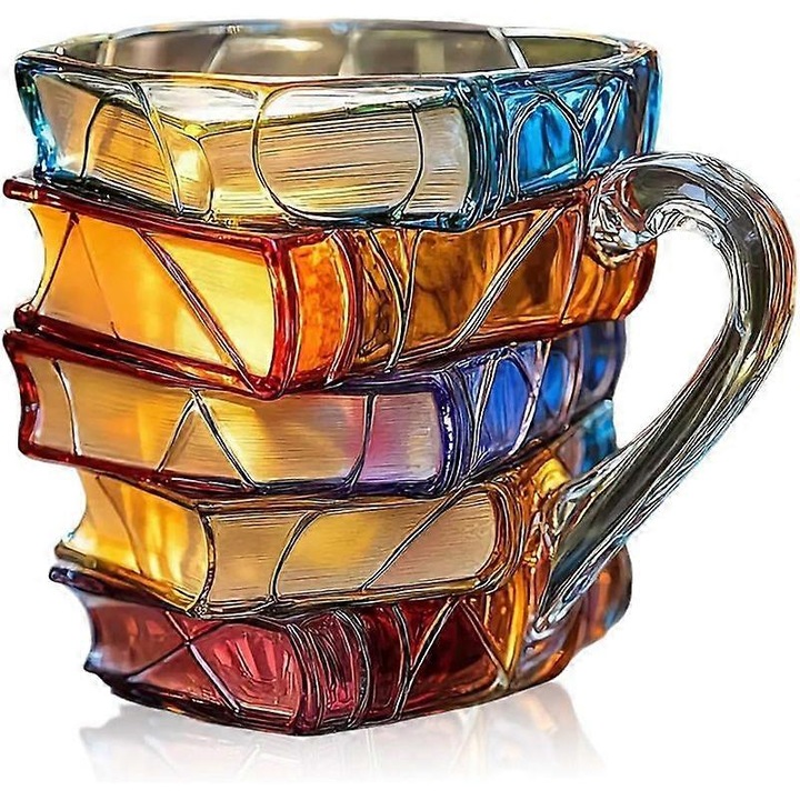 Cana 3D cu carti pictate, cadou pentru iubitori de literatura, design artistic, multicolor