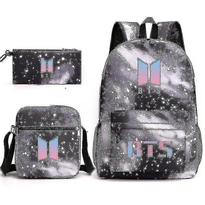 Ghiozdan BTS, set trei piese, gri, pentru scoala, unisex