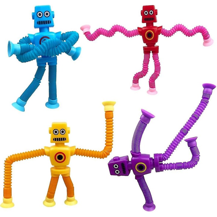 Set 4 Jucarii Robot cu Tuburi Suctionabile, Multicolor