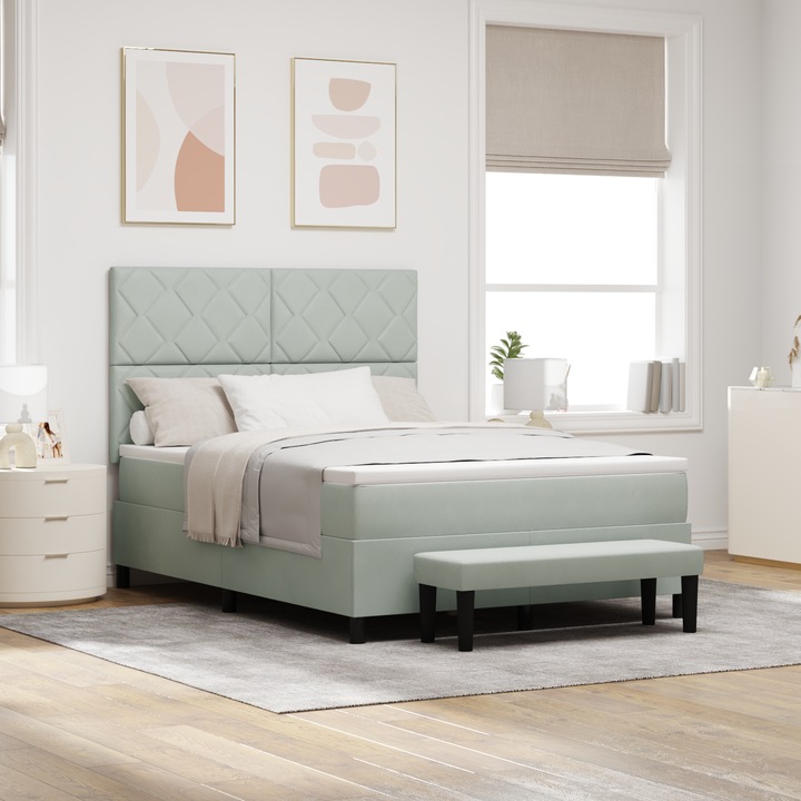 Pat cu sertar si saltea, vidaXL, 140x190 cm, gri deschis, design cu model diamantat