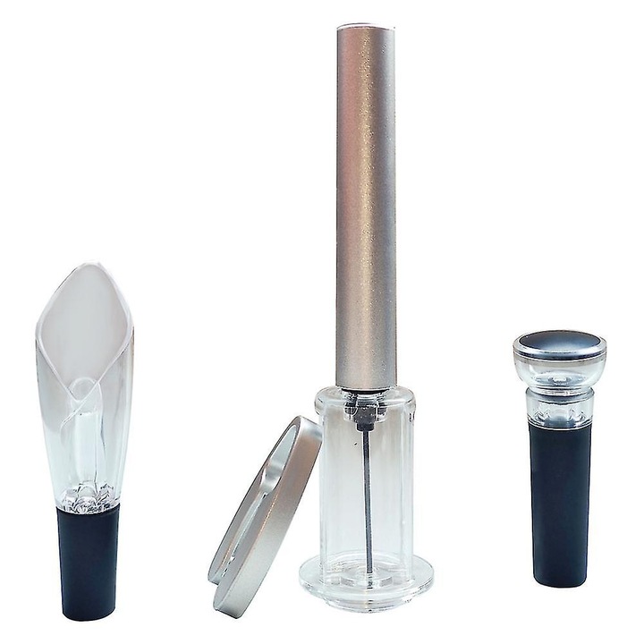 Тирбушон с комплект резачки за фолио, въздушна помпа, аксесоари включени, сребрист