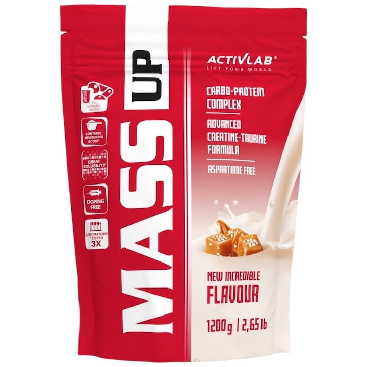Activlab Mass Up – gainer pudra, proteine din zer, creatina, taurina, carbohidrati, aroma caramel sarat, 1200 g