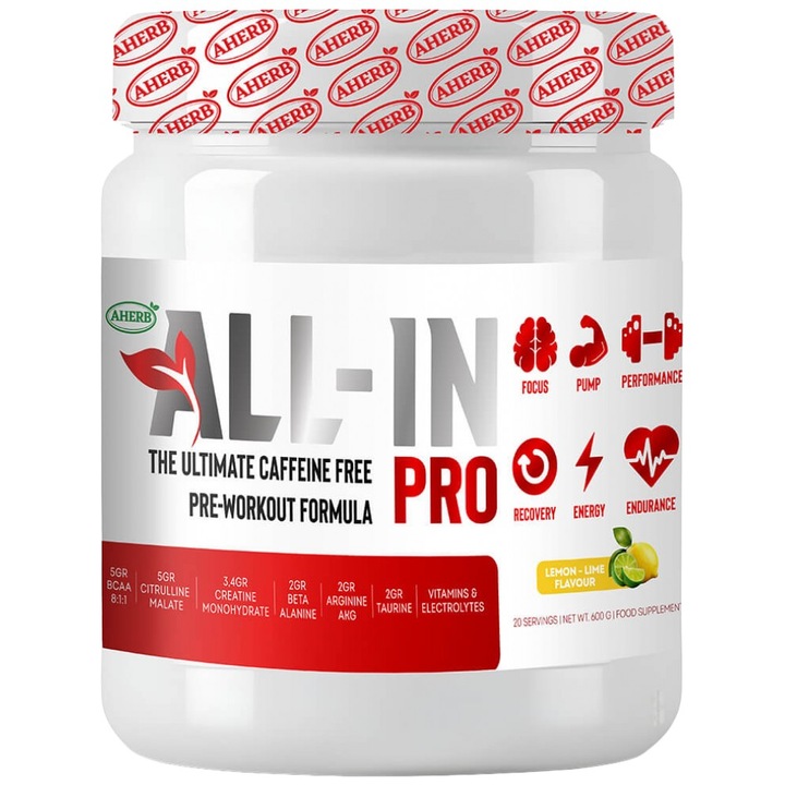 Supliment alimentar AHerb ALL-IN Pro Performance, Recuperare si Energie, Lime, 600 grame