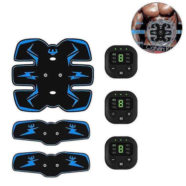 Dispozitiv fitness pentru abdomen, LUOLV, antrenor muscular, tehnologie EMS, negru/albastru, 19.8x17.6x0.1cm