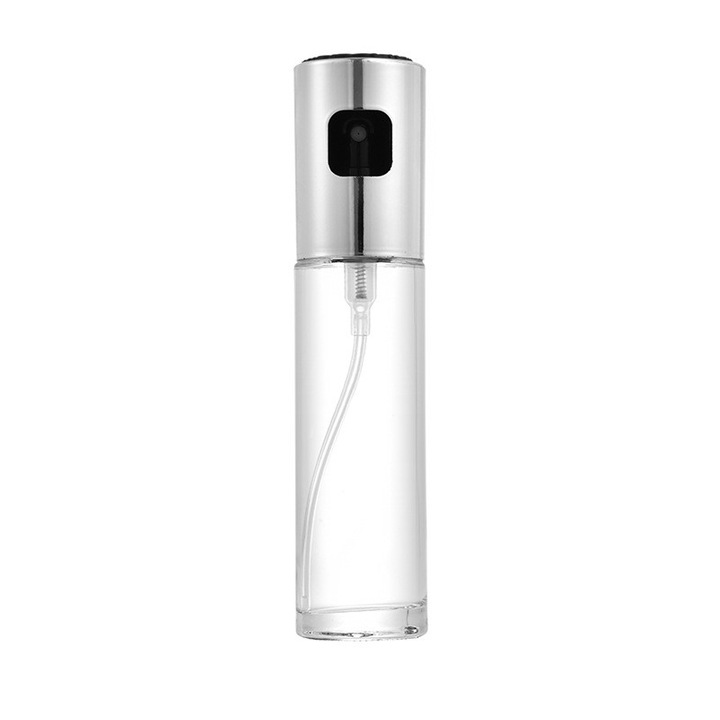 Permetező üveg konyhához, Cyrax, grill spray, üvegből rozsdamentes acél fedővel, 18 x 4.2 cm, 100 ml űrtartalom, átlátszó szürke fedővel