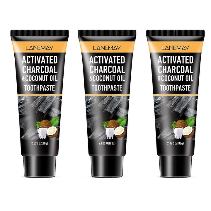 Паста за зъби с активен въглен и кокосово масло, комплект от 3, 80 г