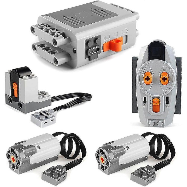 Set de blocuri de constructie, 2 motoare medii, cutie pentru baterii, telecomanda IR, receptor, gri