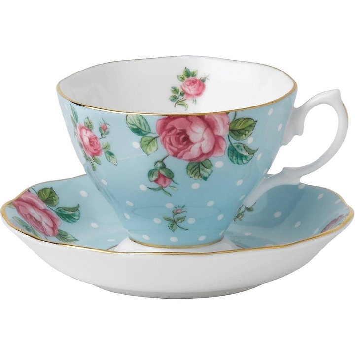 Set 2 piese cesti vintage cu farfurie, design Polka Blue, margine aurie