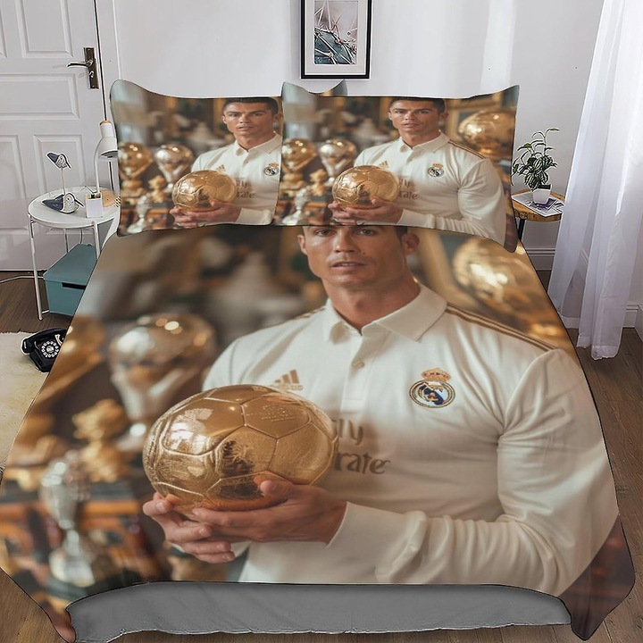 Set lenjerie de pat, Cristiano, 3 piese, microfibra, imprimeu 3D, multicolor, dimensiuni: 220x240cm, 2 perne 48x162cm.