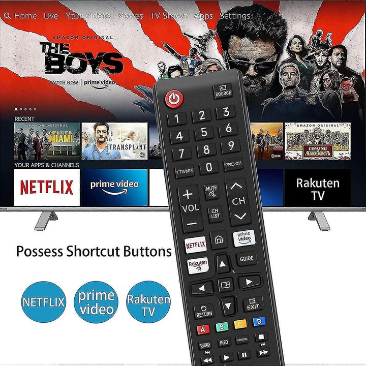 Telecomanda universala pentru televizoare Samsung, compatibila cu toate modelele, butoane NETFLIX, Prime Video, 2xAAA, dimensiuni variate