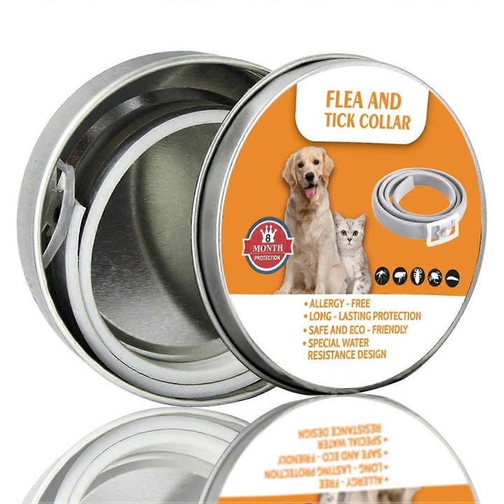 Guler antiparazitar pentru caini si pisici, waterproof, protectie 8 luni, dimensiune ajustabila
