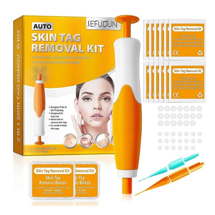 Set aparat de indepartare a alunitelor cu pena cu doua capete, Sefudun, 2-4mm si 4-8mm, 12.5x3.16cm, include 20 inele din silicon si 10 servetele de curatare