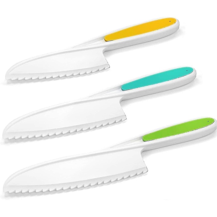 Set ustensile de bucatarie pentru copii, cu cutite sigure pentru copii, 1 cutit din lemn, 3 cutite cu margine zimtata, 2 tocatoare, 1 curatator Y, 4 forme sandvis, multicolor