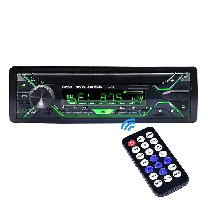 Player MP3 auto, Bluetooth, radio FM, 5 culori LED, 1 USB, 1 AUX, 1 TF, control la distanta