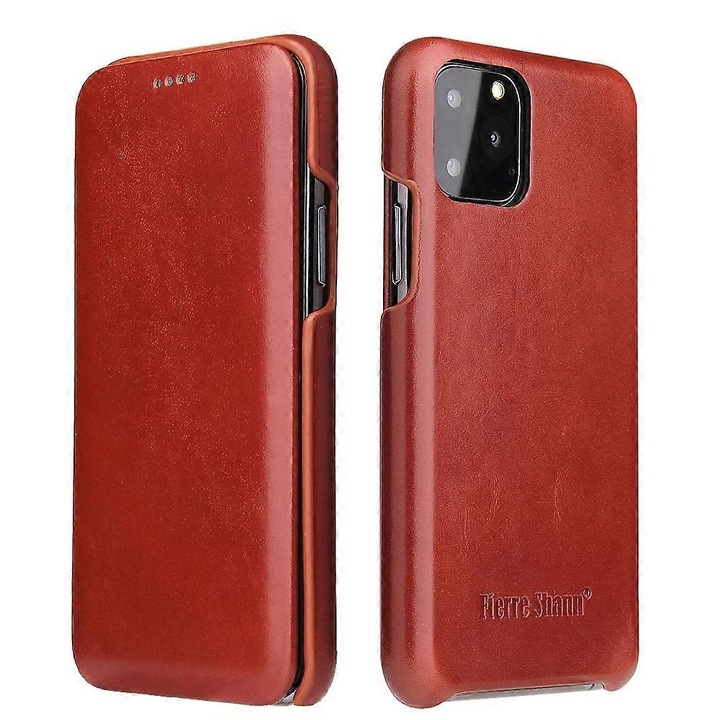 Husa din piele pentru iPhone 11, Fierre Shann, flip orizontal, maro, cu sloturi pentru carduri, suport pentru inel