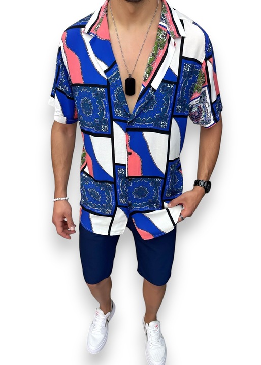 Camasa pentru barbati, de vara, cu imprimeu floral, maneci scurte, 13096, multicolor, Multicolor