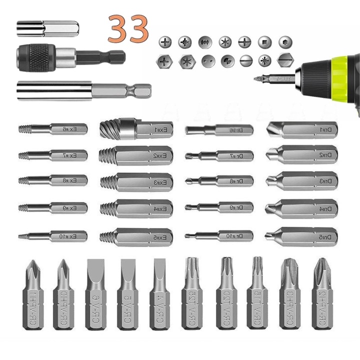 Set 33 extractoare surburi multifunctional, PRIMEDEO, Cu adaptoare pentru Bormasina si Masini de gaurit, Otel aliat, Seturi si accesorii pentru gaurit si insurubat