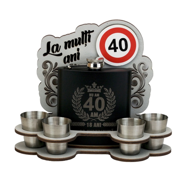 Set plosca cu 4 pahare din inox, 40 de ani - La multi ani!, 20 x 7 x 16 cm, OnemisFlot