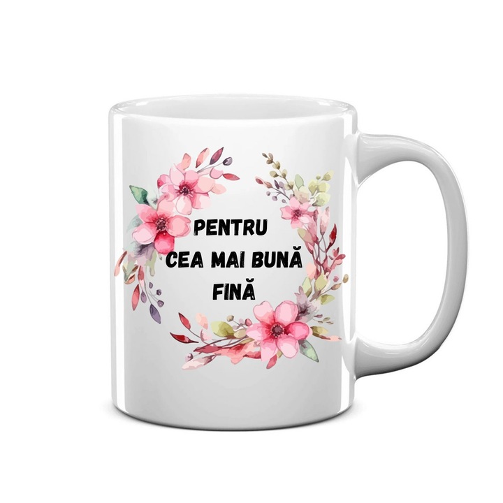 Cana personalizata alba, inaltime 9, 9 cm, pentru cea mai buna fina, 350 ml