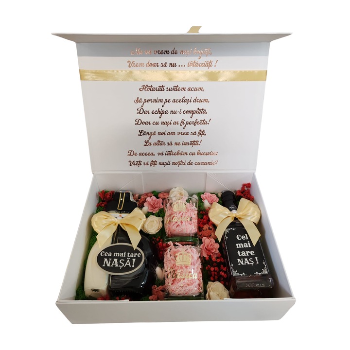 Set cadou pentru nasi, cu flori uscate si criogenate, model 15, vreti sa fiti nasii nostri