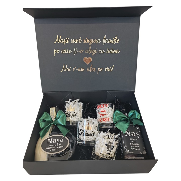 Set cadou nasi, cu 4 pahare, model 12, nasi pentru o zi, prieteni pentru o viata, nasii sunt singura familie pe care ti-o alegi cu inima, noi v-am ales pe voi