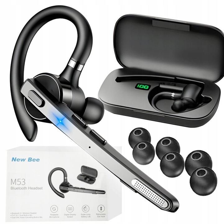 Безжични Bluetooth слушалки New Bee, Bluetooth 5.1, шумопотискане, с калъф за зареждане, HD звук, многоточкови, 60 часа живот на батерията, 10 м, 13.6 грама, бутон за изключване на звука, черни