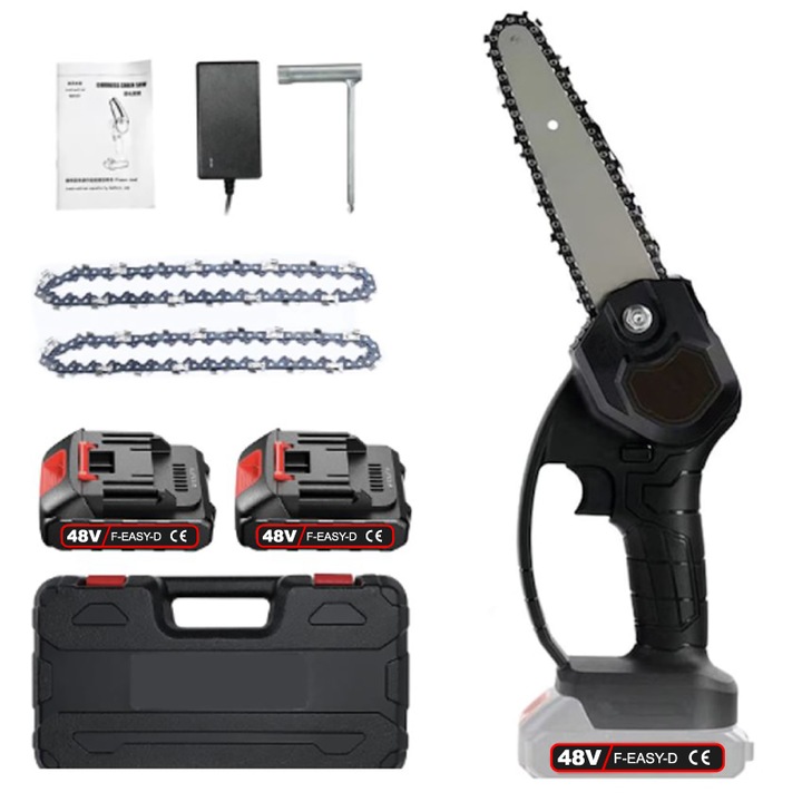 Mini Drujba Tip Fierastrau cu Lant Electric Portabil Profesional SUPER TRENDS®, 2 Lanturi 6 inch, 2 Acumulatori 48V, Autonomie 4 Ore, Negru