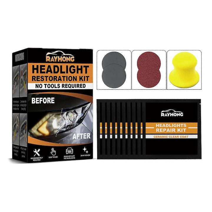 Kit de restaurare faruri auto, set complet, 10 servetele umede, 2 hartii de polish, 2 smirgheluri, 1 disc de polish, ceramica, protectie durabila