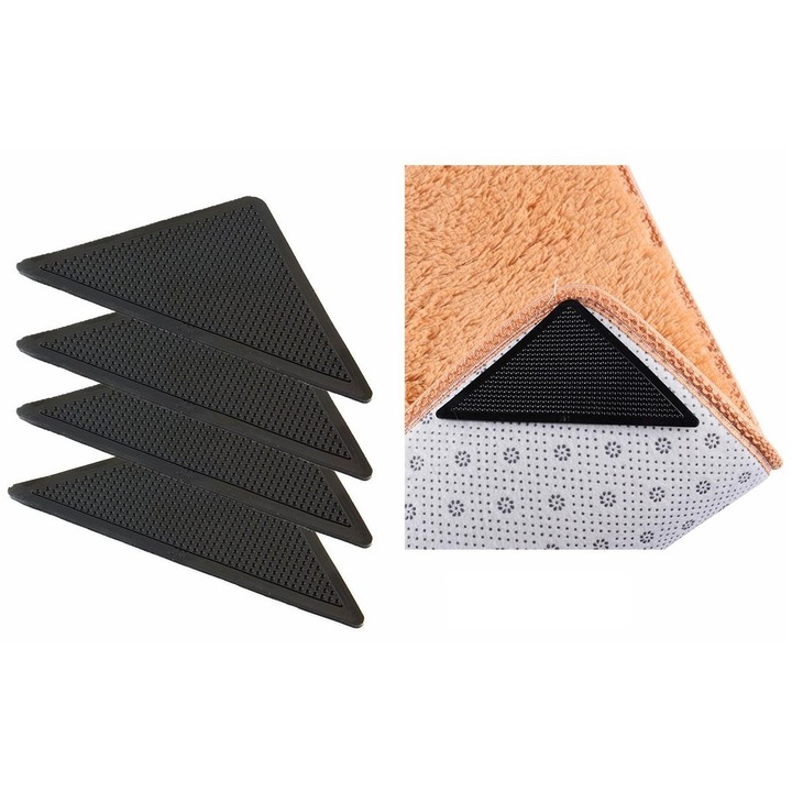 Set 8 tampoane pentru covor, antiderapante, autoadezive, silicon, negru, 15x11x11 cm