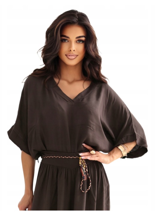 Bluza pentru dama, Och Bella, supradimensionata, decolteu in V, viscoza, maro, Maro inchis