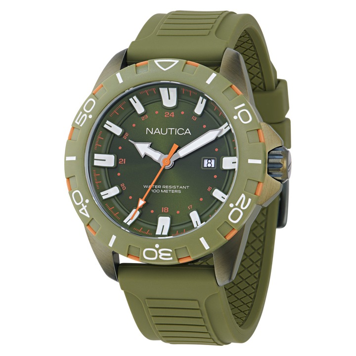 Ceas barbatesc Nautica NAPNRF406, verde, 44x14mm, curea din piele, rezistent la apa 100m