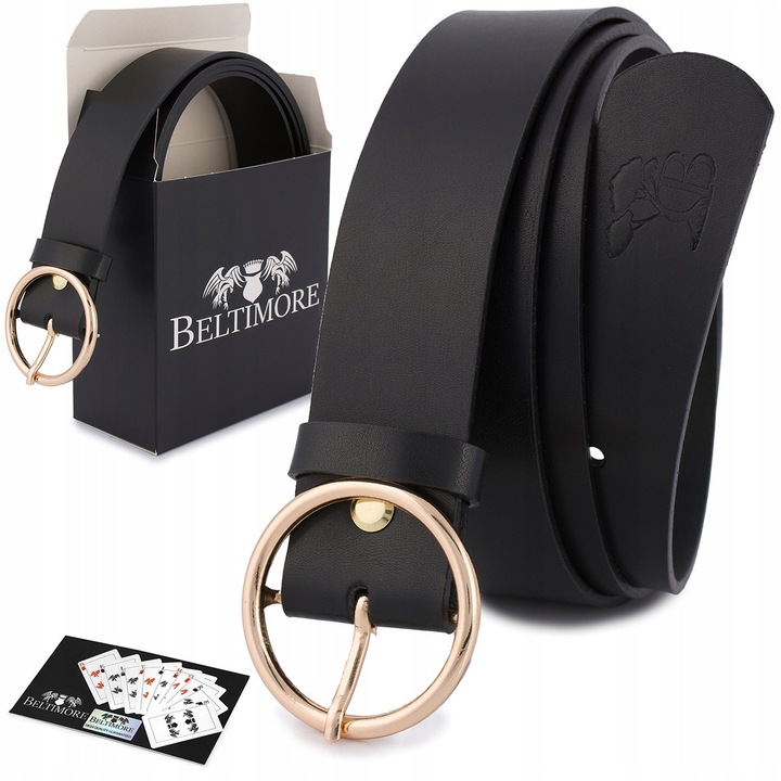 Női öv valódi bőrből, fekete, arany csattal, 3,5 cm, dobozzal együtt