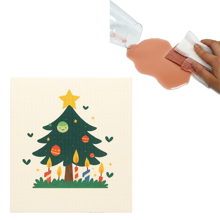 Laveta din Celuloza cu Model Brad de Craciun, Burete Multifunctional din Fibre de Lemn, 1 Buc, Putere Mare de Absorbtie si Usor de Curatat pentru Bucatarie