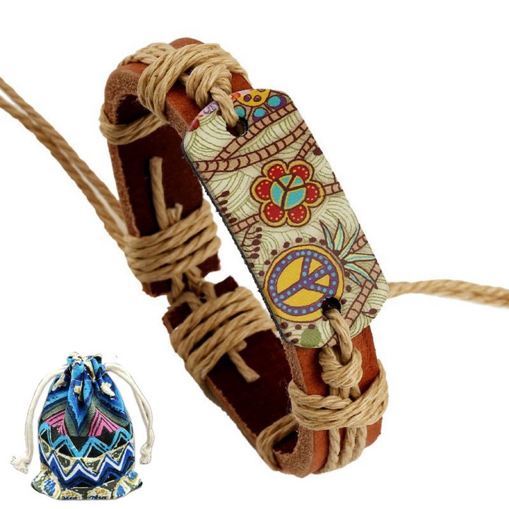 Гривна в бохо-шик с флорален знак за мир, изработена от изкуствена кожа, регулируема, многоцветна