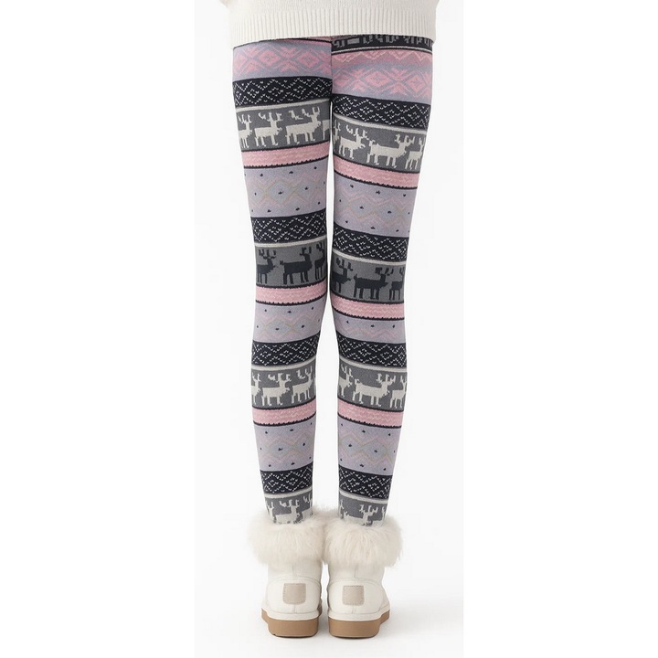 Colanti Grosi Fetite Captusiti cu Fleece, Model Ren si Fulgi de Nea – Marimea 140, 9-10 ani