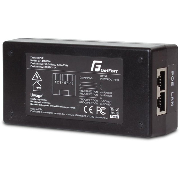 GetFort PoE adapter, 48V DC, 1000mA, 10/100Mbps, 96V-264V AC